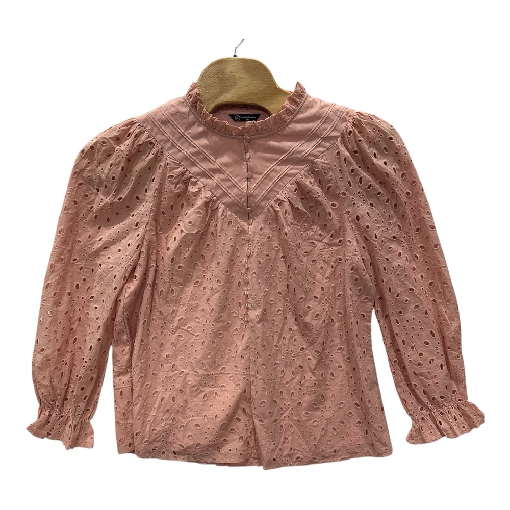 Pretty Garden XXL Salmon Eyelet Puff Sleeves Ruffled Size Blouse Cotton‎ Top